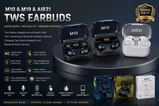 M10 & M19 & Air pod Pro & Air31 TWS Air pod_ with Super Sound & High Quality Touch Sensors True Stereo Headphones with Built in Mic 10m Transmission Bluetooth Wireless Earbuds , Charging Case Sport Headset for all Bluetooth Smart devices.