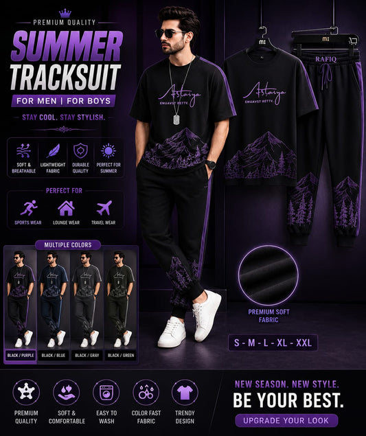 SET PRINTED SUMMER TRACKSUIT FOR MEN_TRACKSUIT FOR BOYS. ( MULTIPLE COLORS) Mujhe iska description do aur batao yah daraj mein kitne ka hai