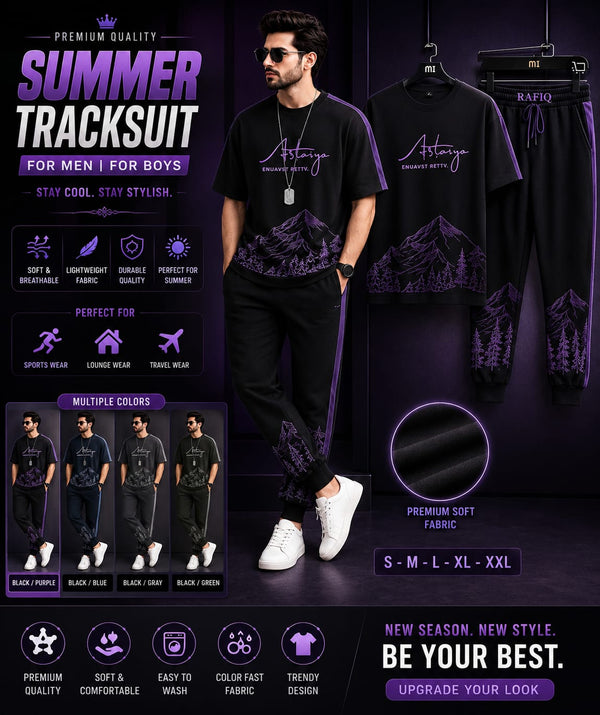 SET PRINTED SUMMER TRACKSUIT FOR MEN_TRACKSUIT FOR BOYS. ( MULTIPLE COLORS) Mujhe iska description do aur batao yah daraj mein kitne ka hai