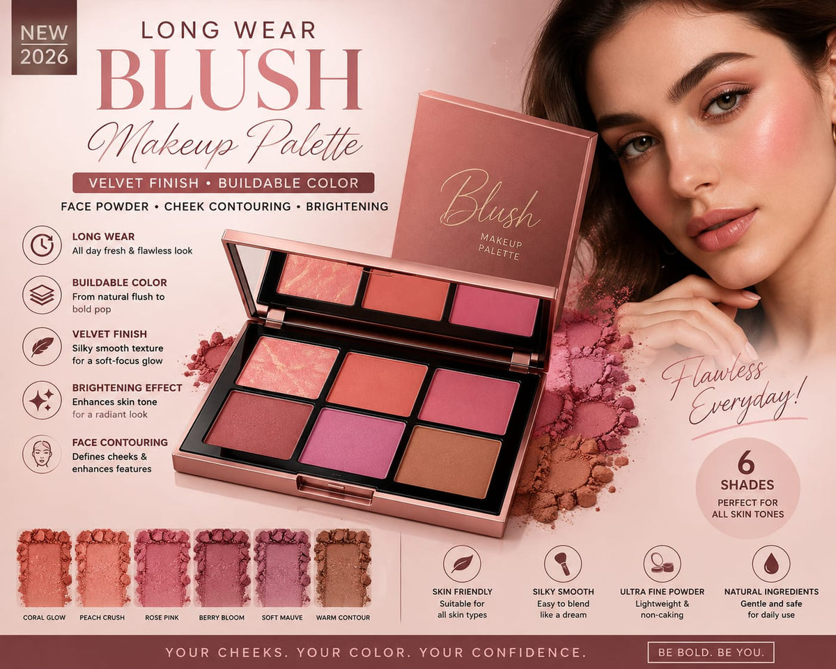 Long Wear Blush Makeup Palette Buildable Color Velvet Finish Face Powder Cheek Contouring Brightening