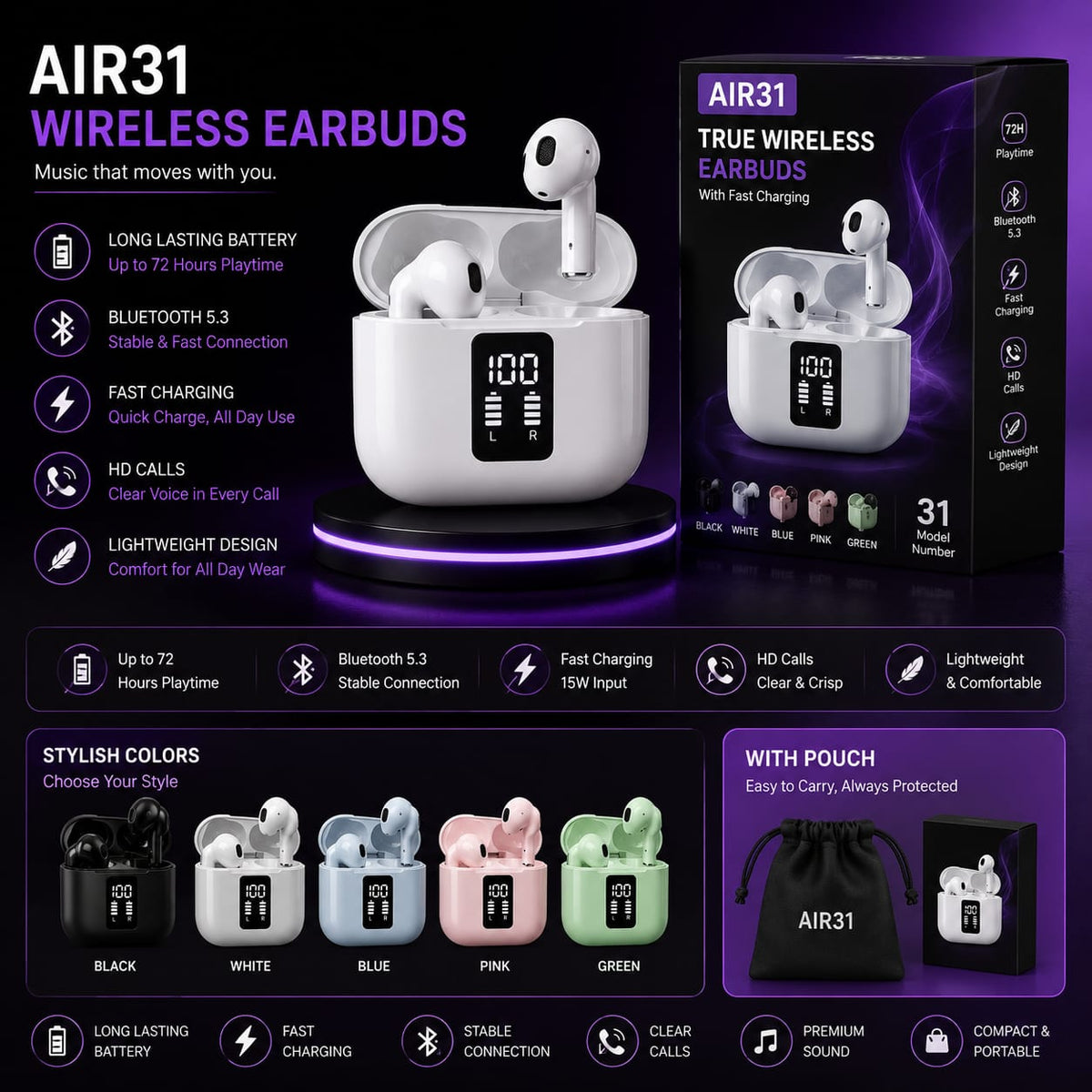 Wireless Earbuds with Long-Lasting Battery - 1 Pcs Bluetooth 5.3