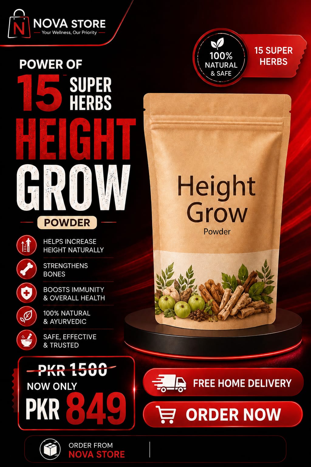 Height Grow Powder – 15 Super Herbs | Natural Herbal Formula | Nova Store